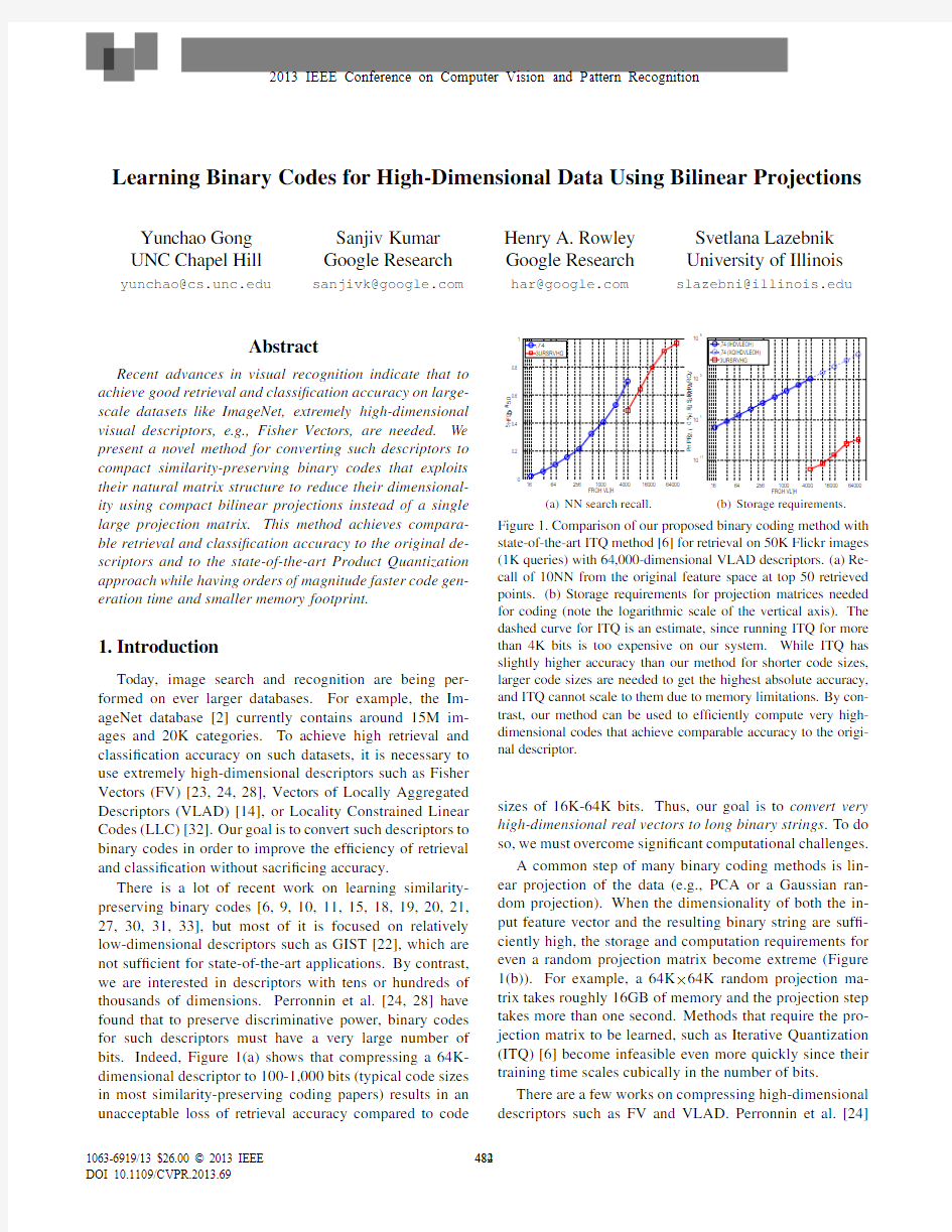 Gong CVPR 2013 - Learning Binary Codes for High-Dimensional Data Using Bilinear Projections