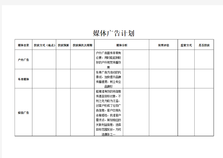 媒体投放计划表