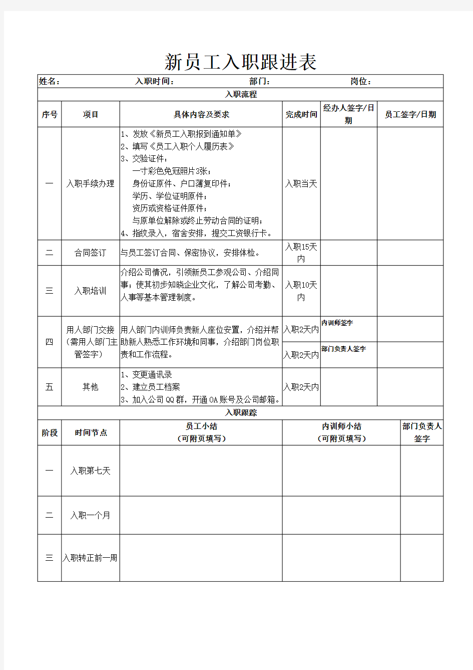 新员工入职跟进表