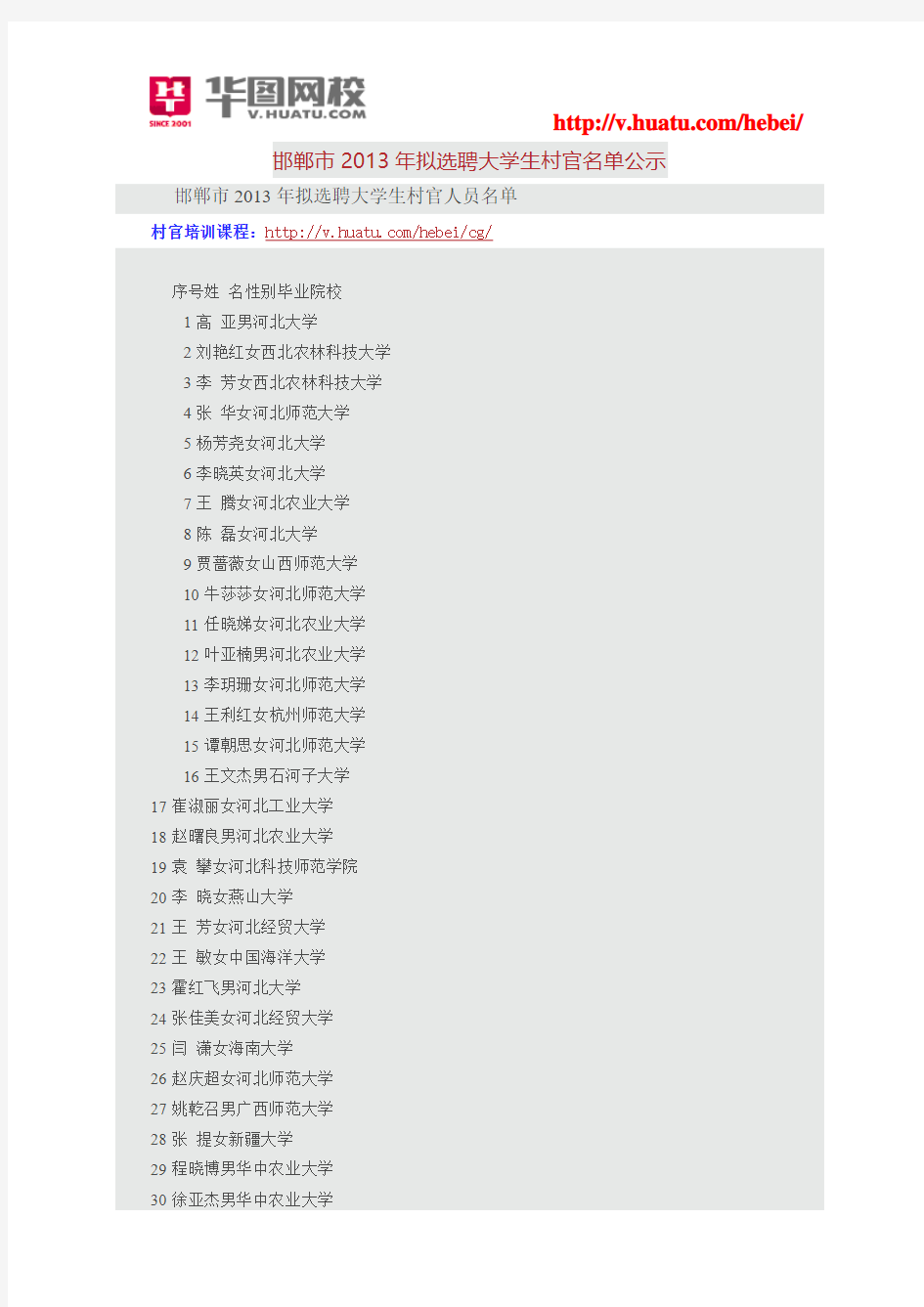 邯郸市2013年拟选聘大学生村官名单公示