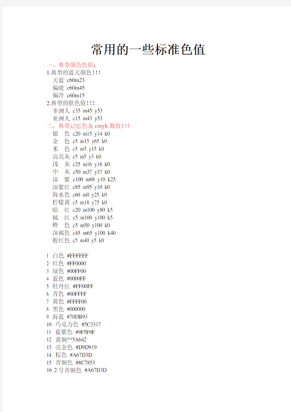 印刷 常用的一些标准色值