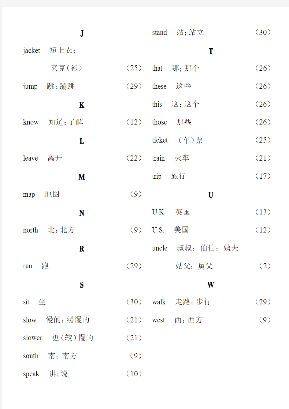 冀教版五年级上册英语单词