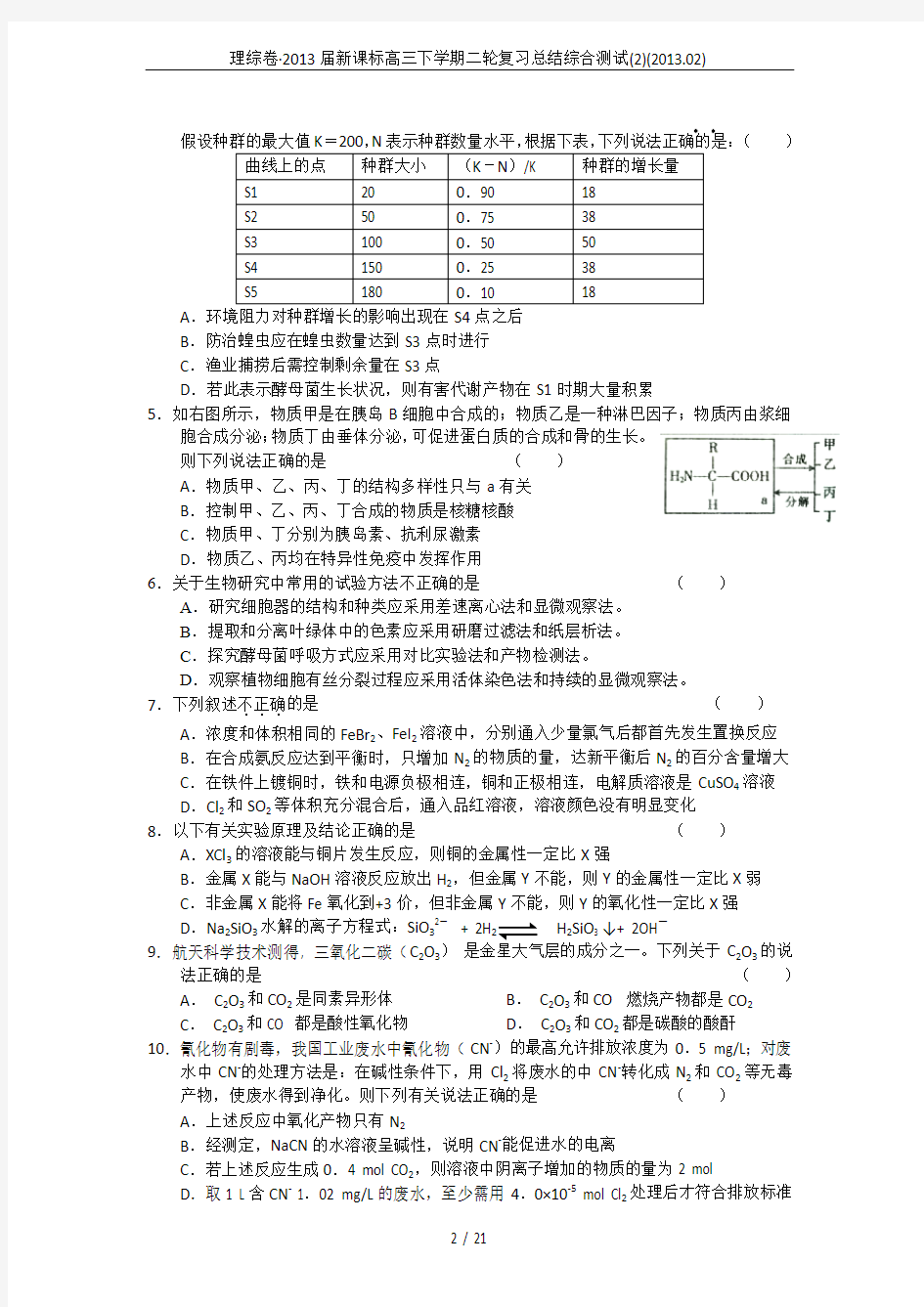 理综卷·2013届新课标高三下学期二轮复习总结综合测试(2)(2013.02)