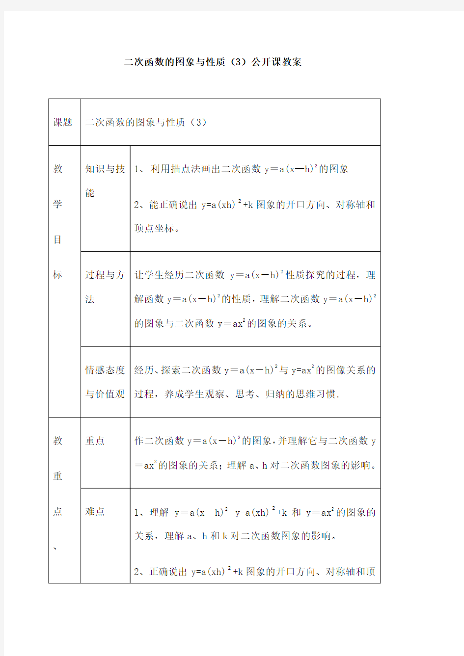 二次函数的图象与性质公开课教案