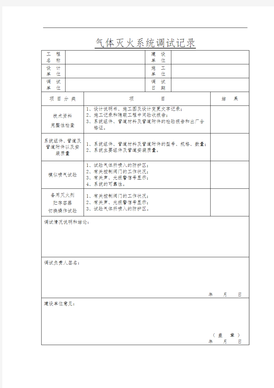 气体灭火系统调试记录