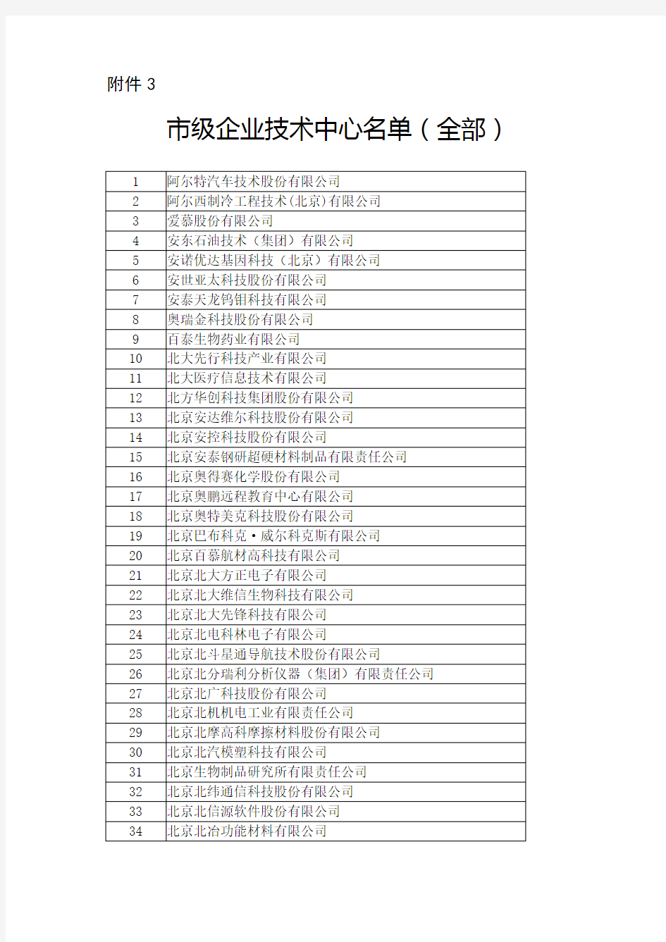 北京市市级企业技术中心名单(全部)