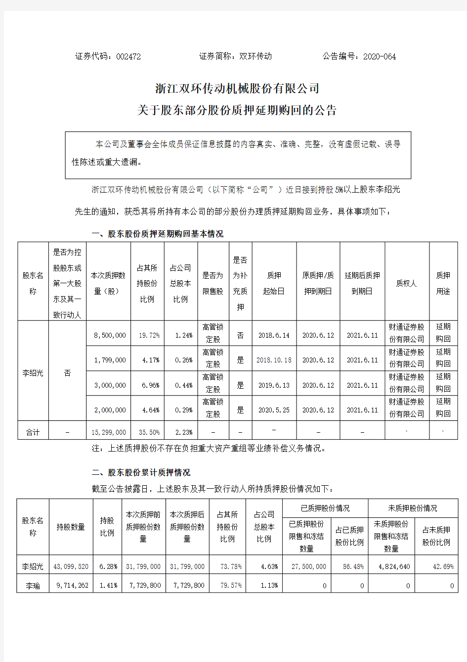 双环传动：关于股东部分股份质押延期购回的公告