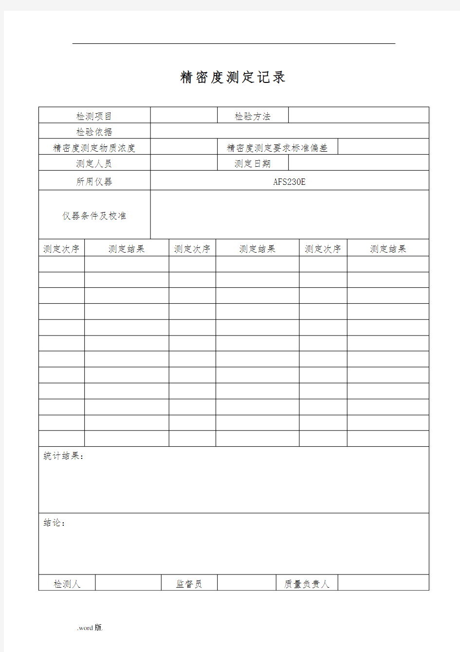 实验室内质控记录表格模板