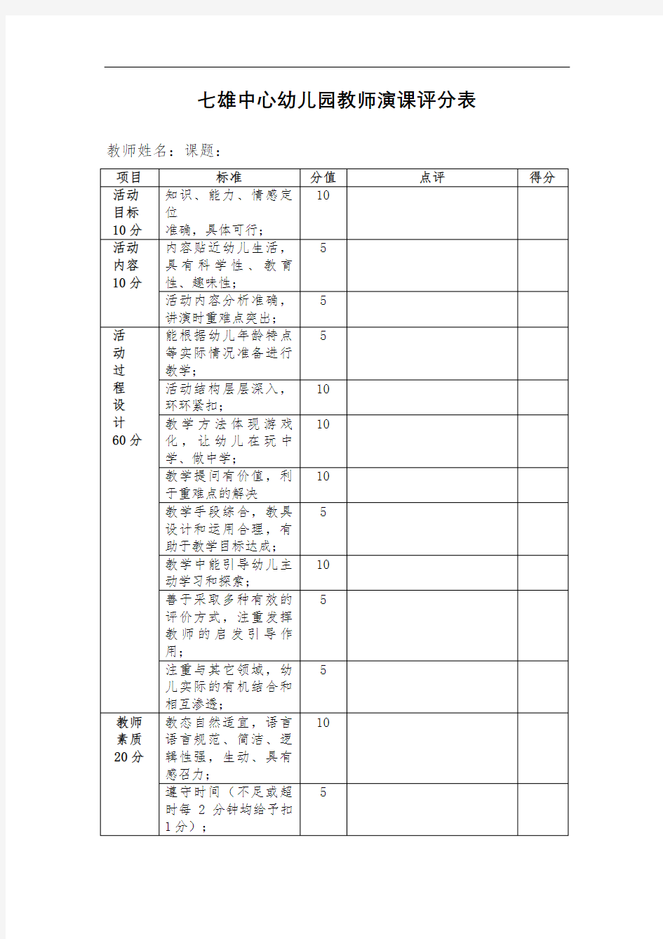 中心幼儿园教师演课评分表