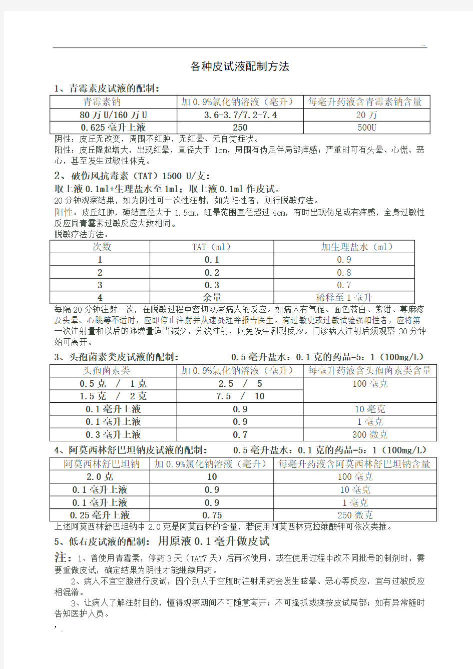 各种皮试液配制方法