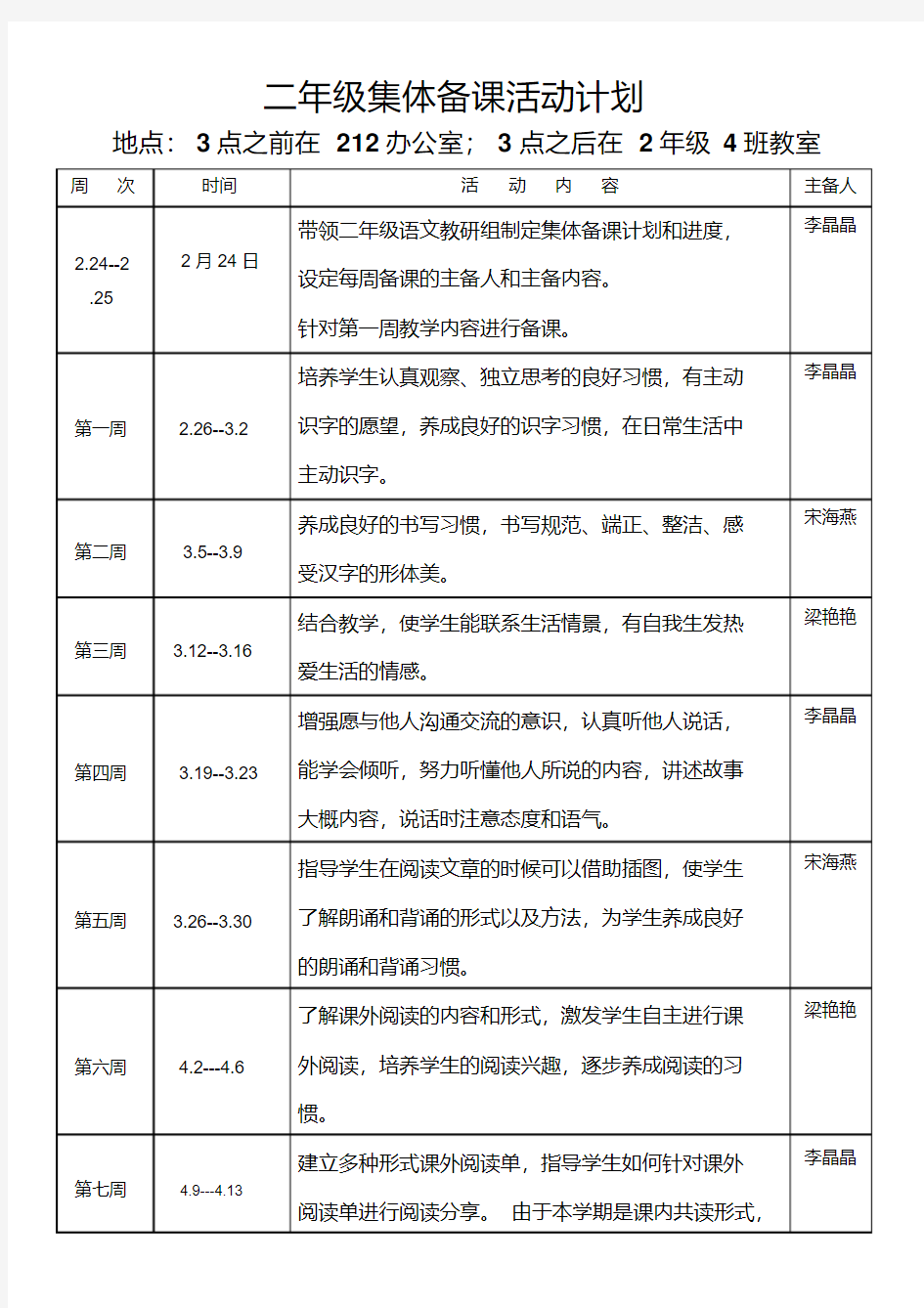 二年级语文下册集体备课计划