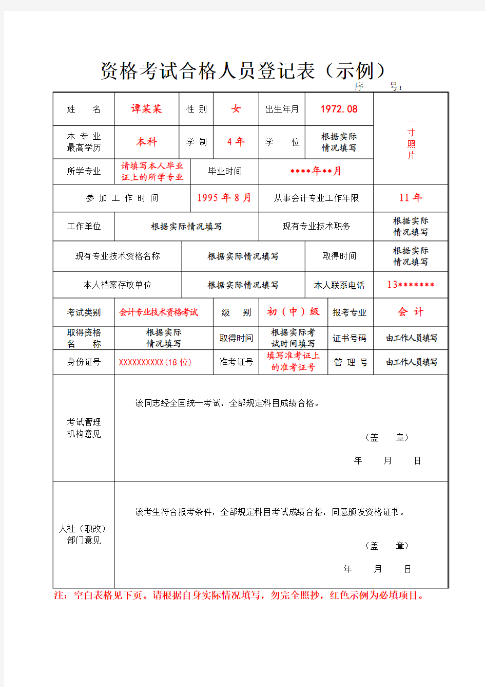 资格考试合格人员登记表(示例)