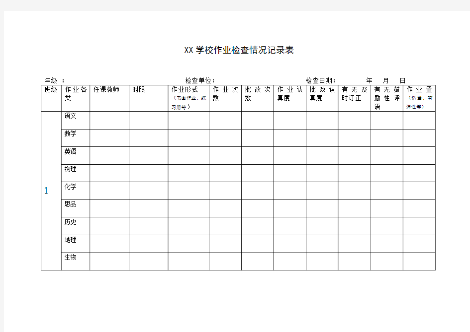 学校作业检查情况记录表