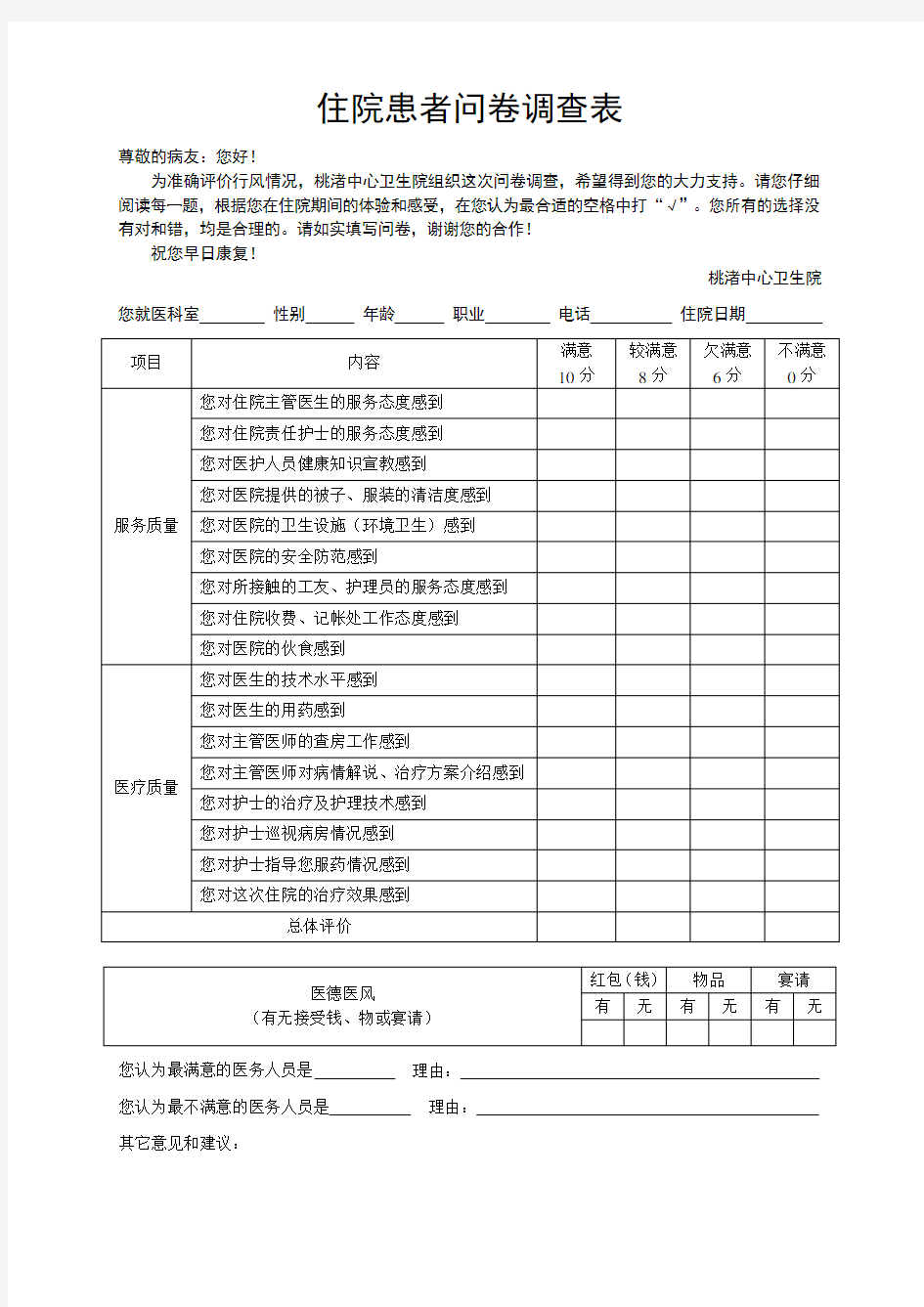 住院患者问卷调查表