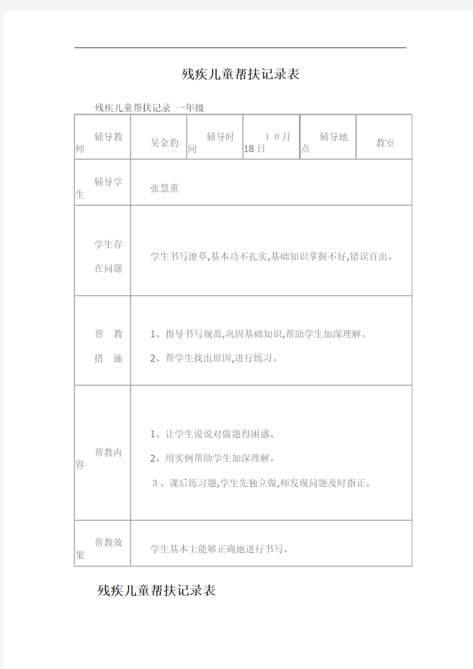 残疾儿童帮扶记录表