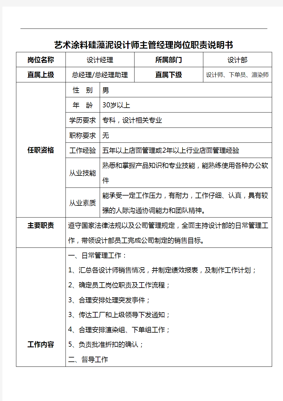 艺术涂料硅藻泥设计师主管经理岗位职责说明书