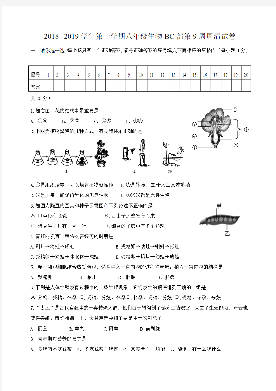 2018-2019学年第一学期八年级生物BC部第9周周清试卷