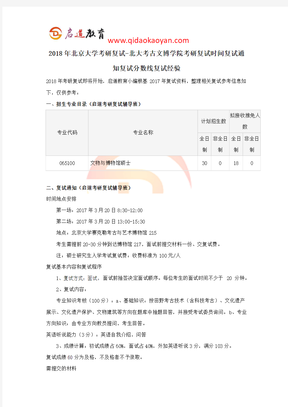 2018年北京大学考研复试-北大考古文博学院考研复试时间复试通知复试分数线复试经验