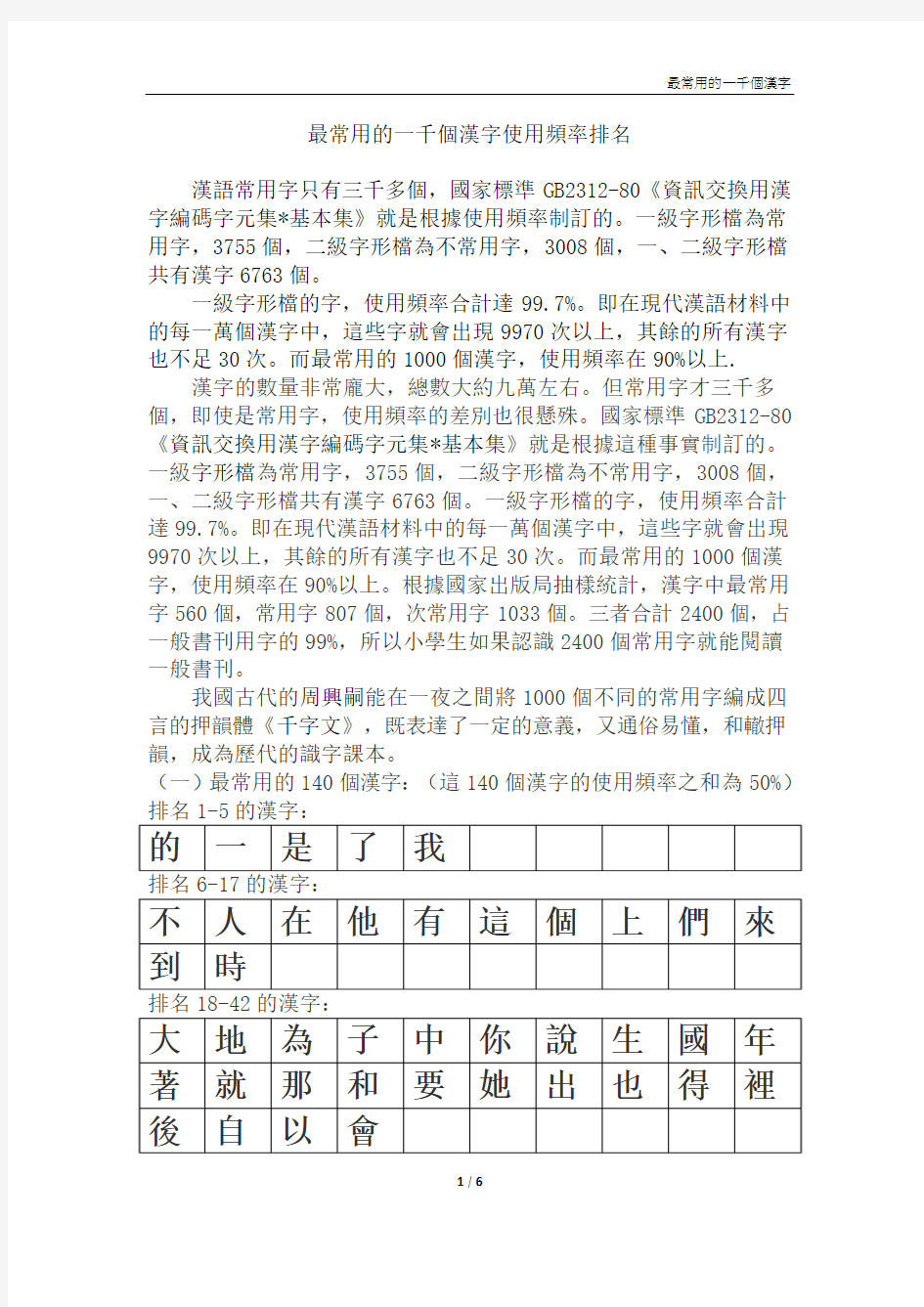 最常用的1000个汉字(繁体表)