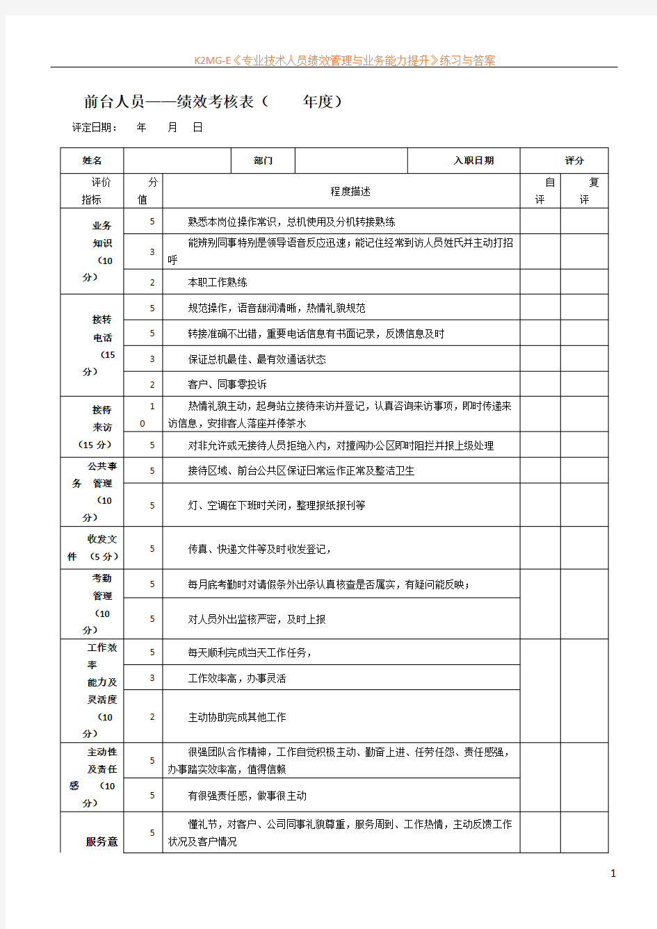 前台人员绩效考核表