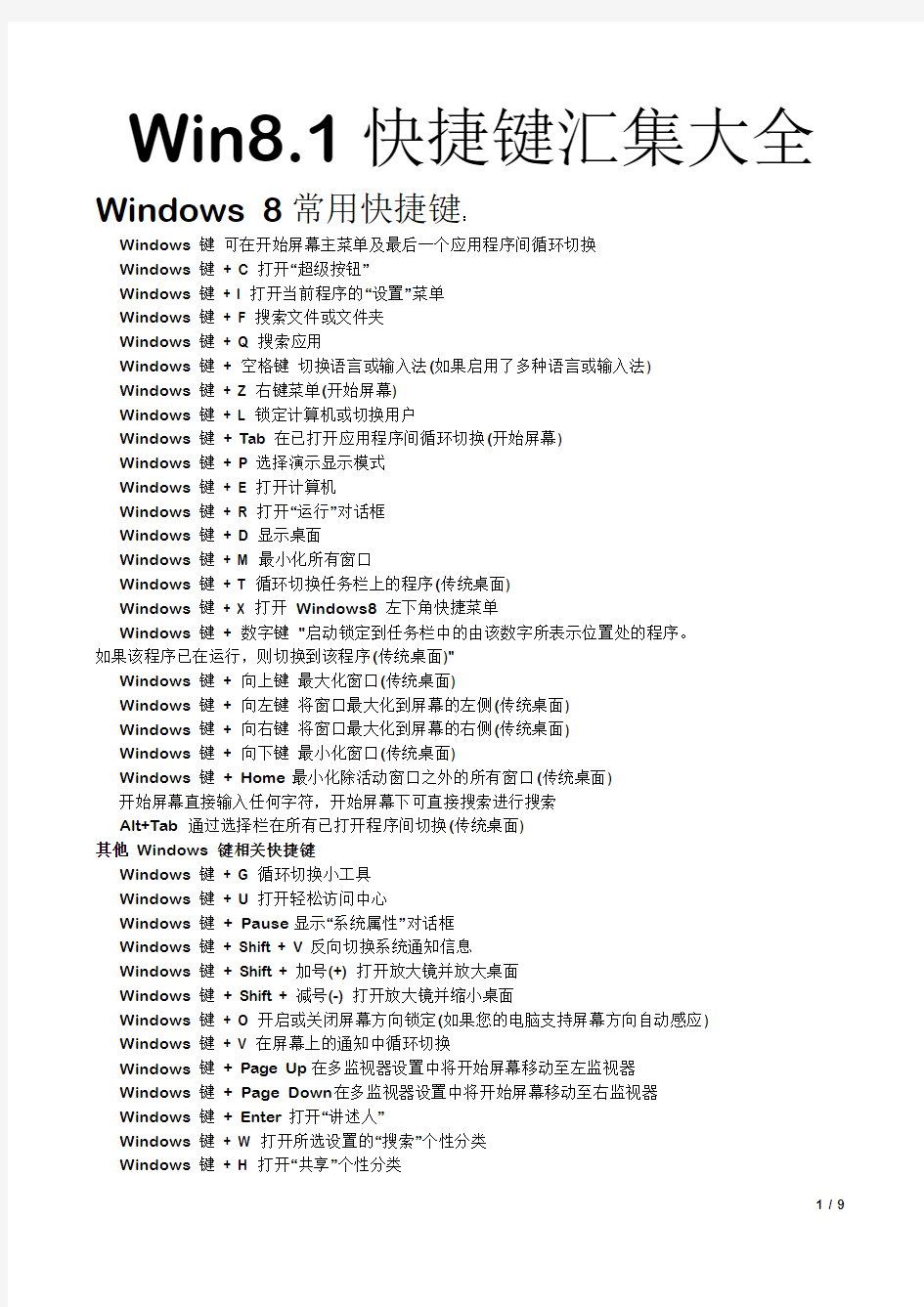 Win8.1快捷键汇集大全