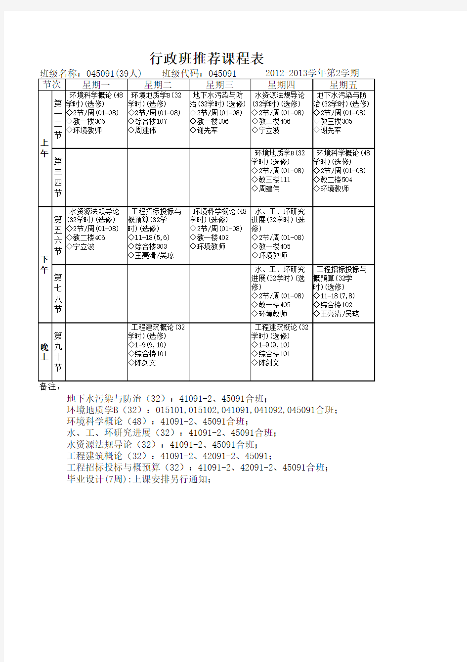 中国地质大学 行政班推荐课程表