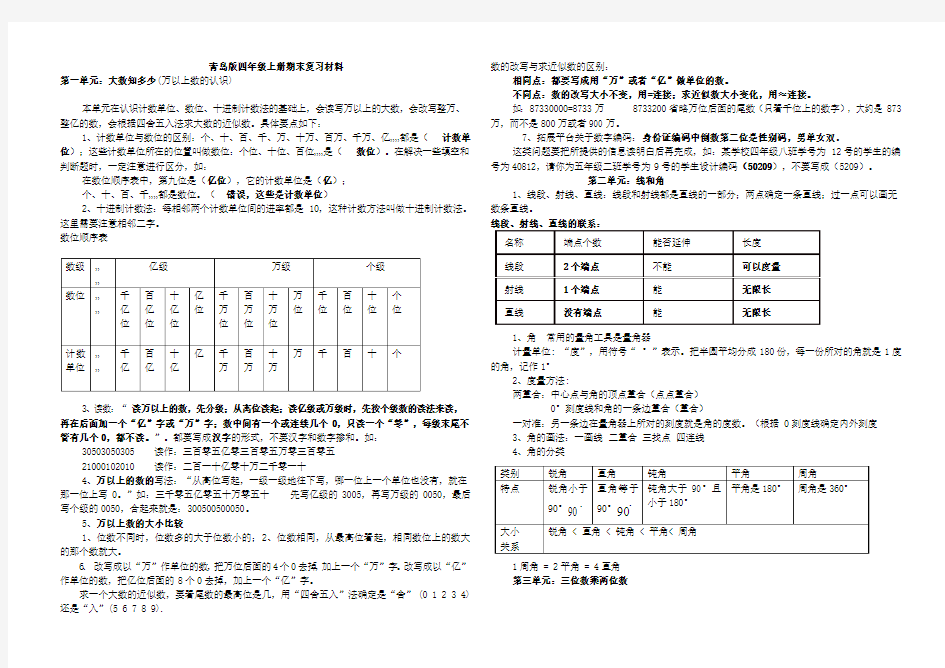 新青岛版四年级数学上册全册知识点归纳材料