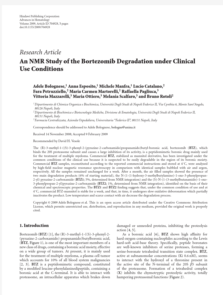 An NMR Study of the Bortezomib Degradation under Clinical Use Conditions