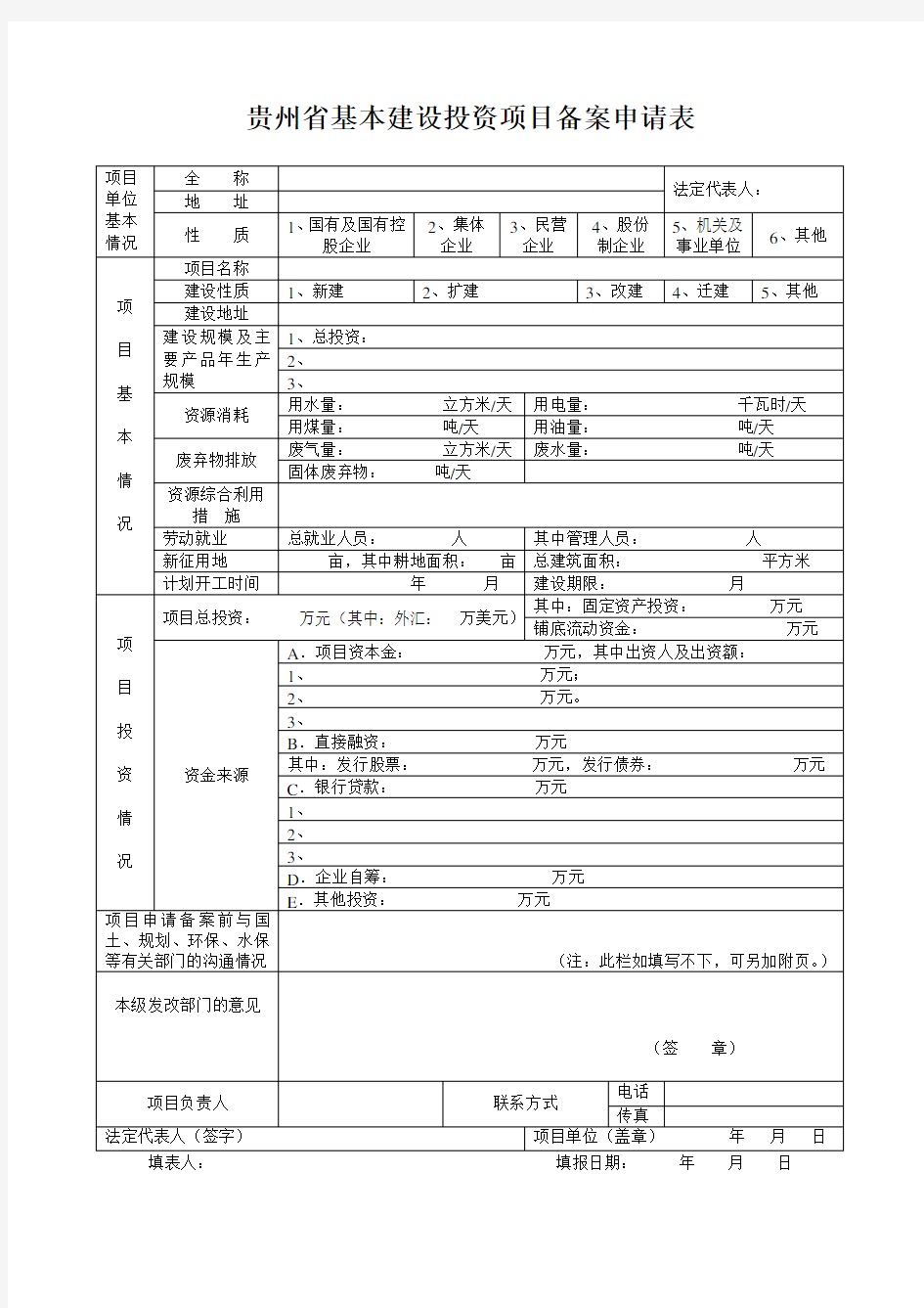 贵州省基本建设投资项目备案申请表