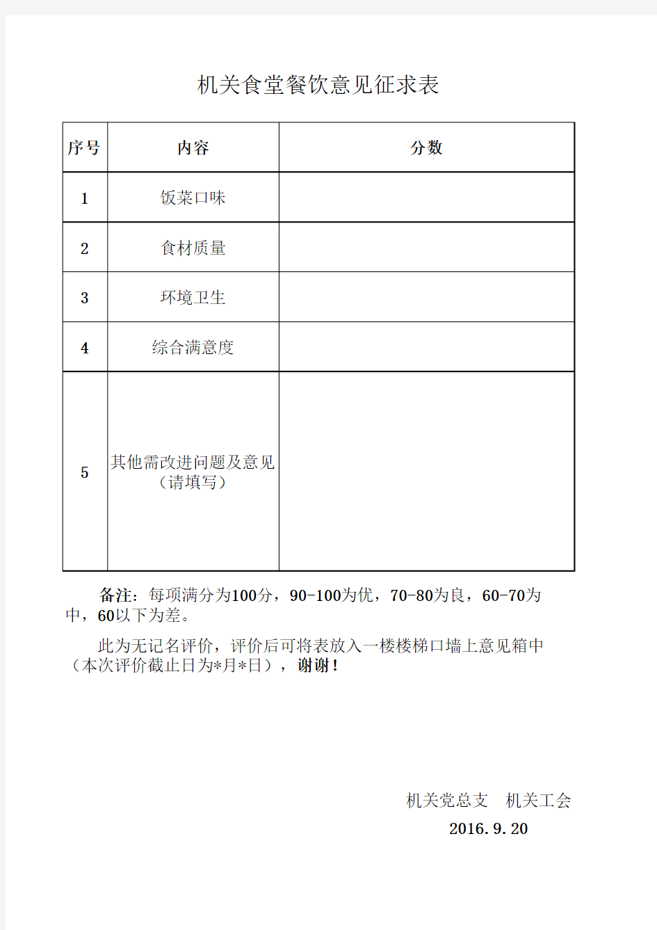 机关食堂餐饮意见征求表