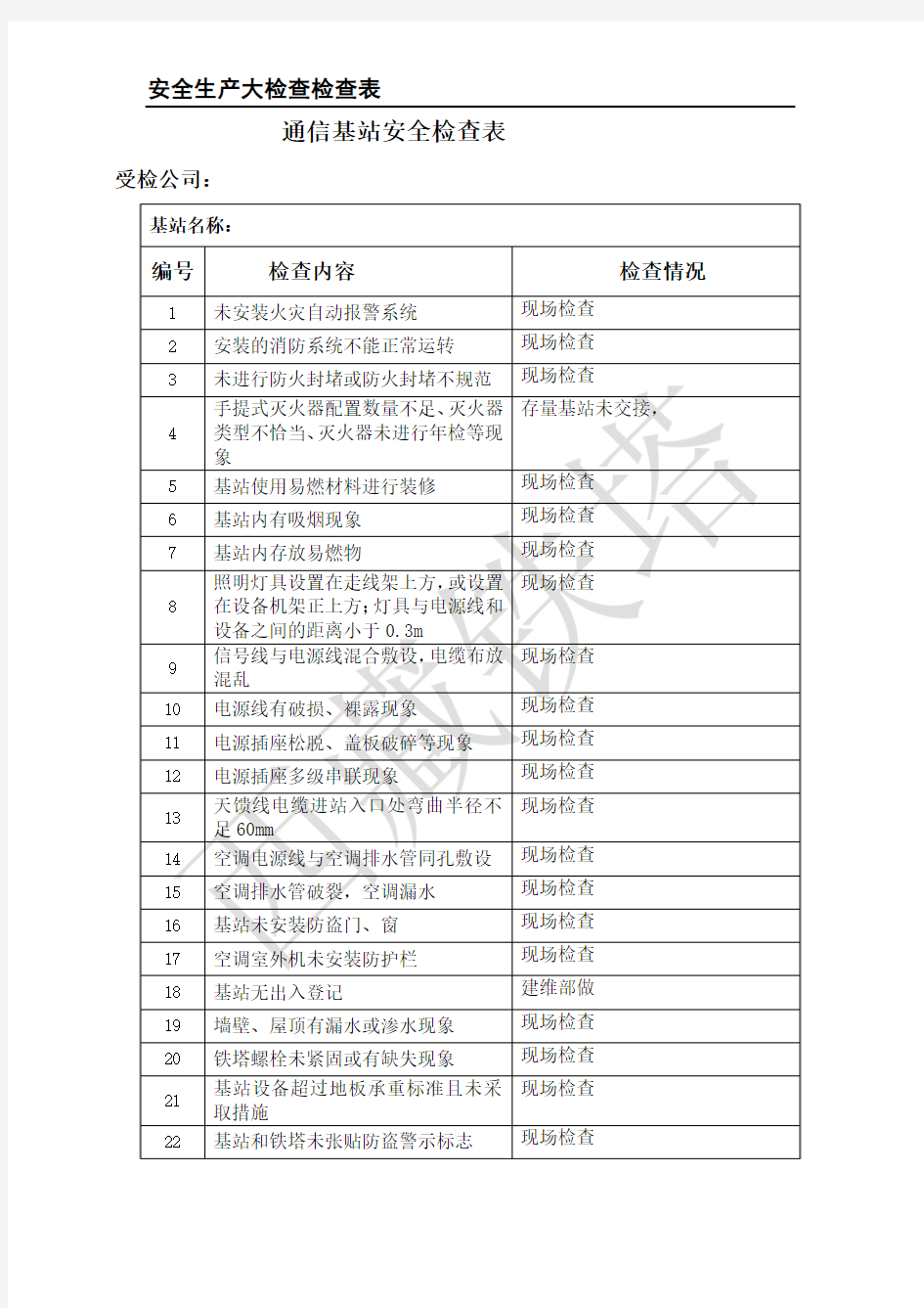 2015年中国移动安全生产检查表