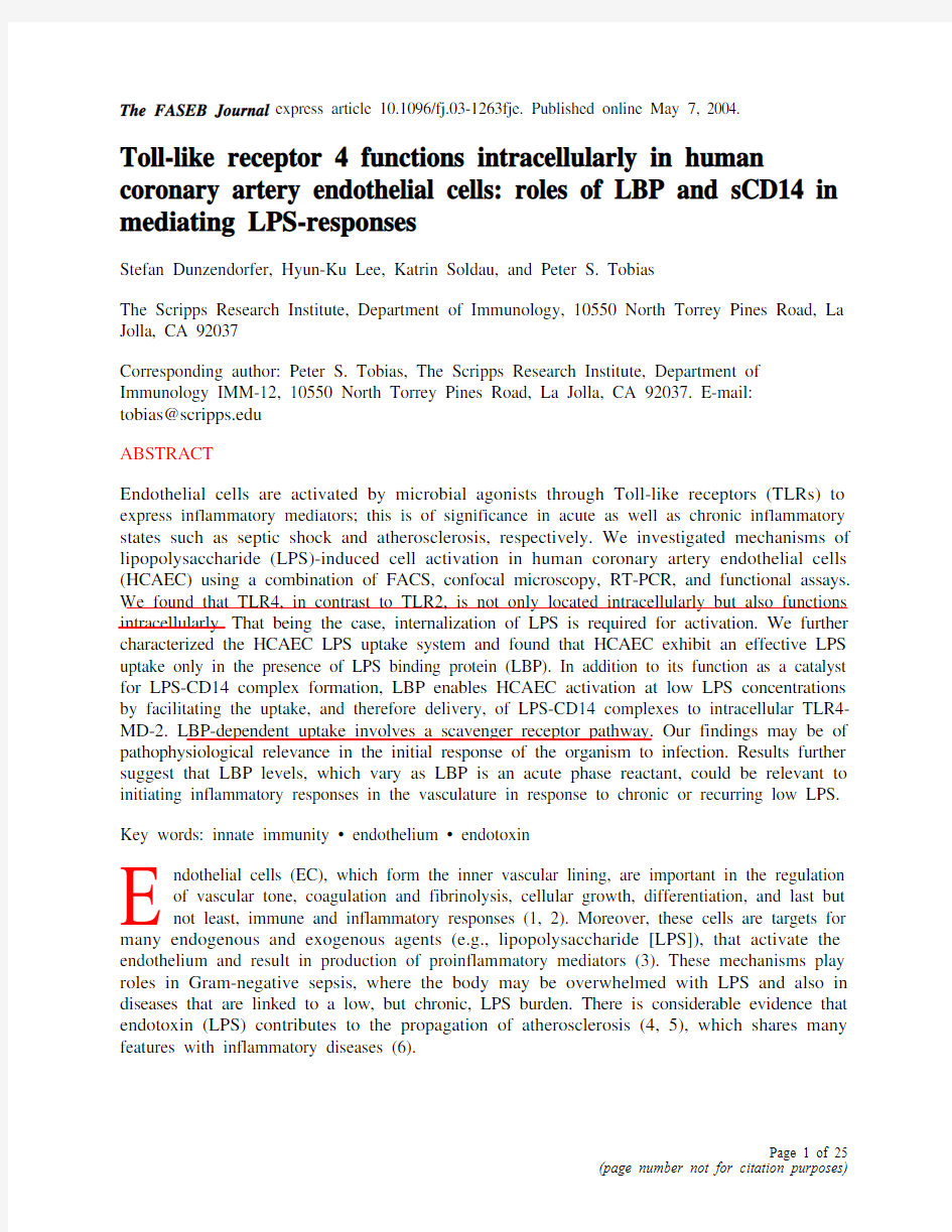 TLR4 TLR4在人冠脉内皮细胞胞内发挥作用 LBP和sCD14在介导LPS-反应中的作用