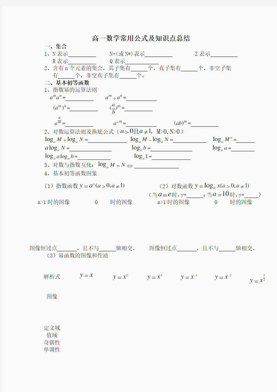 高一数学常用公式及知识点总结