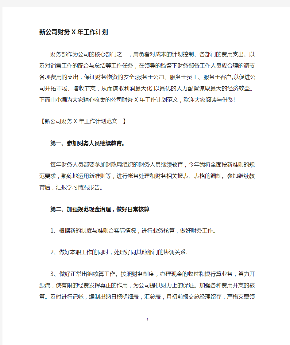 新公司财务工作计划