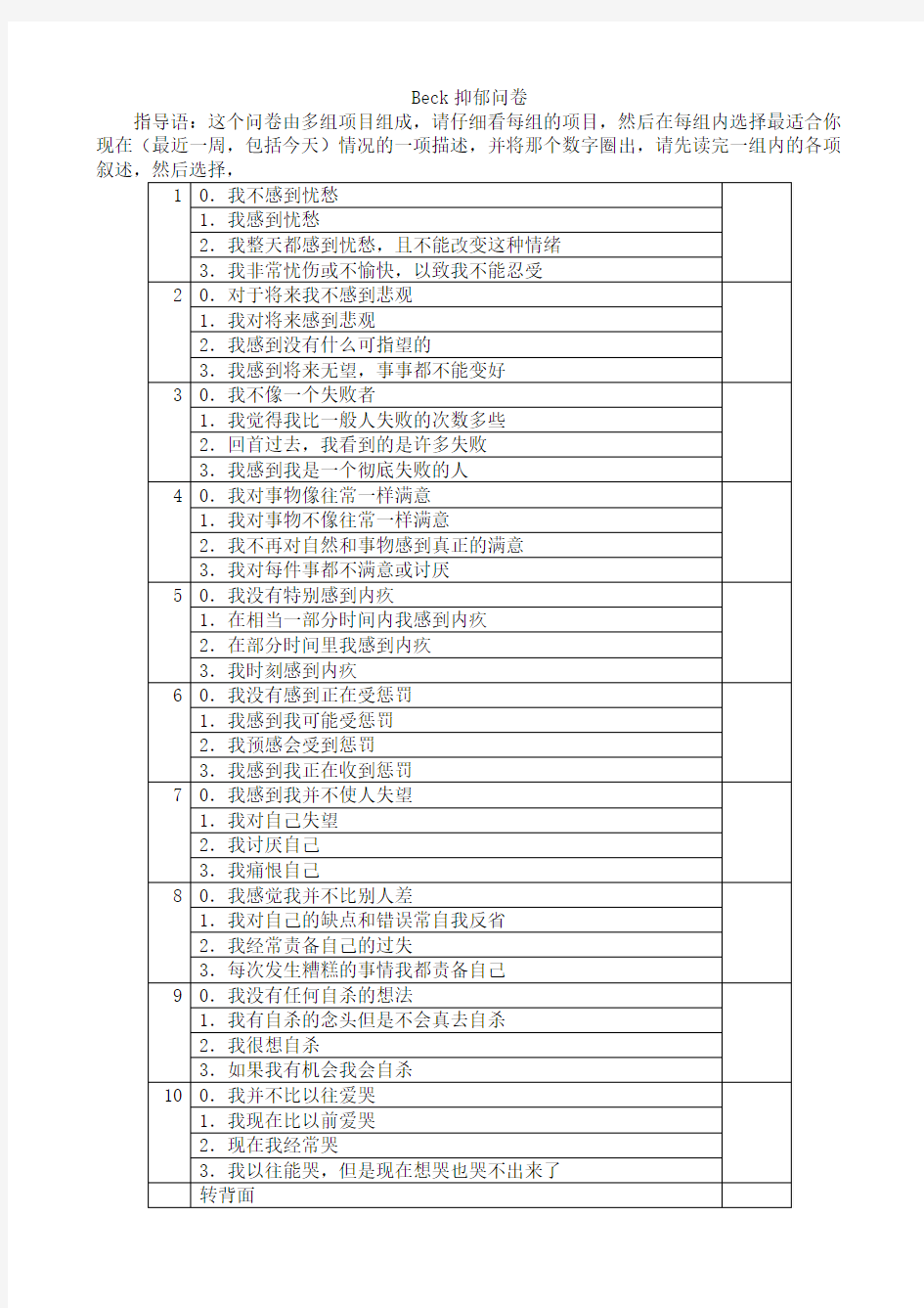 贝克抑郁问卷BDI21题