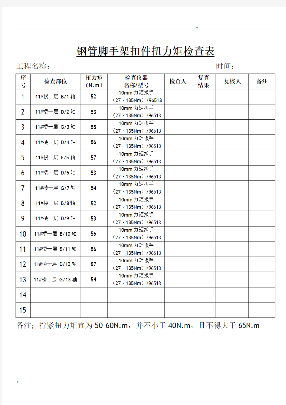 钢管脚手架扣件扭力矩检查表