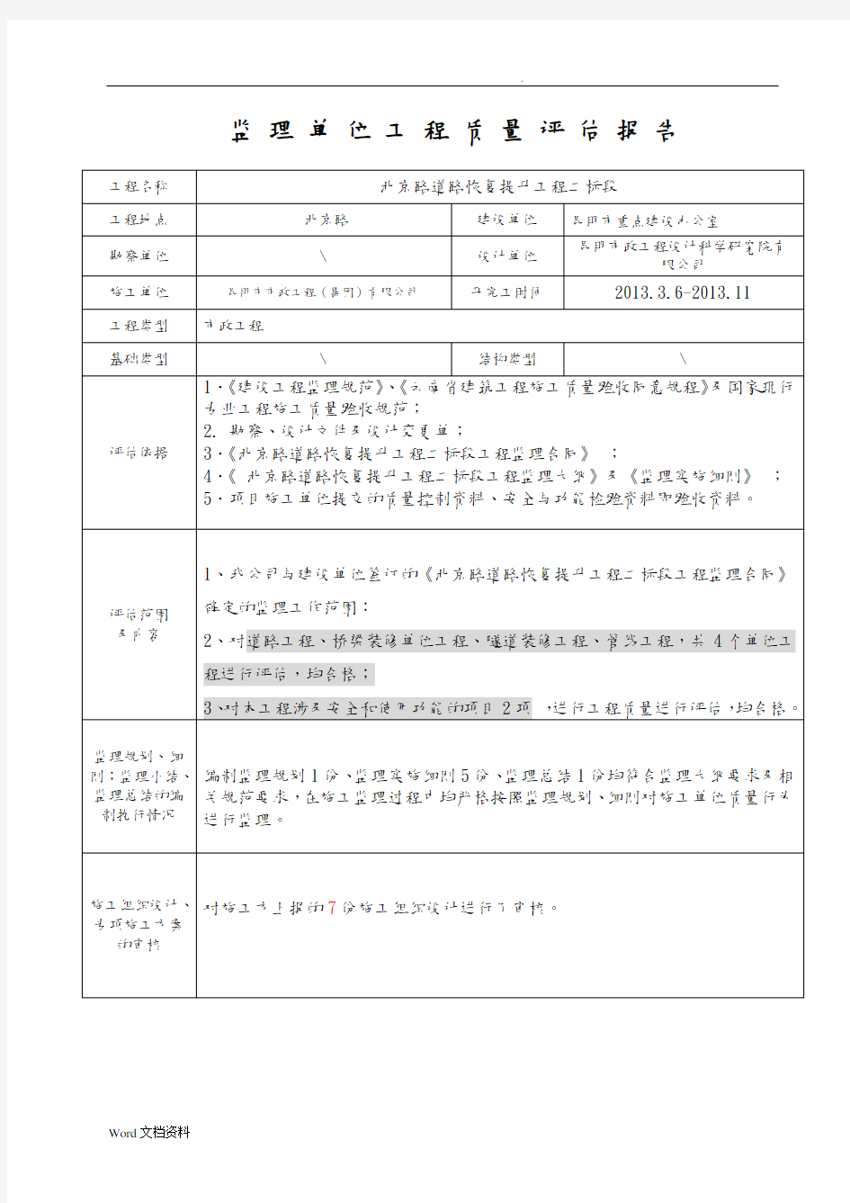 监理单位质量评估报告(道路工程)