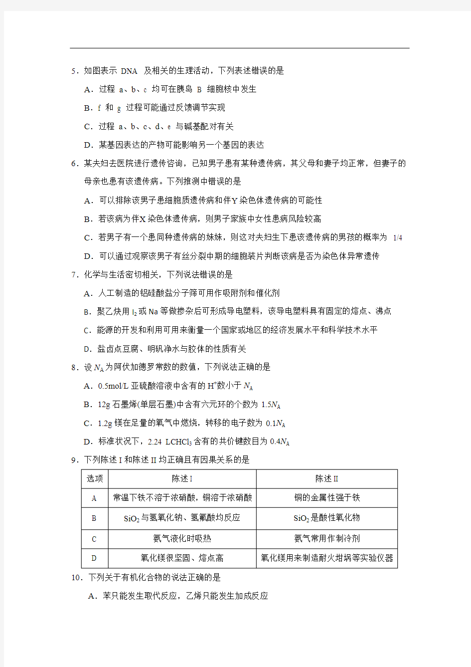 湖北省浠水县实验高级中学2017-2018学年高三理科综合测试题
