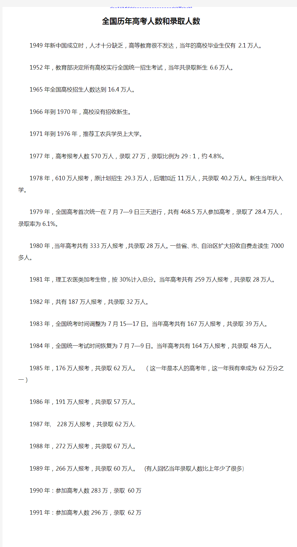 全国历年高考人数和录取人数