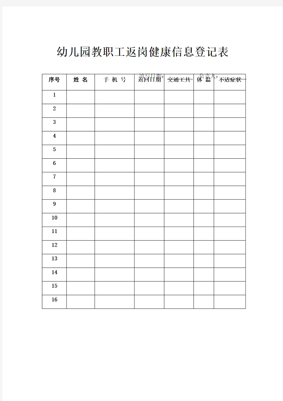 教职工健康信息登记表