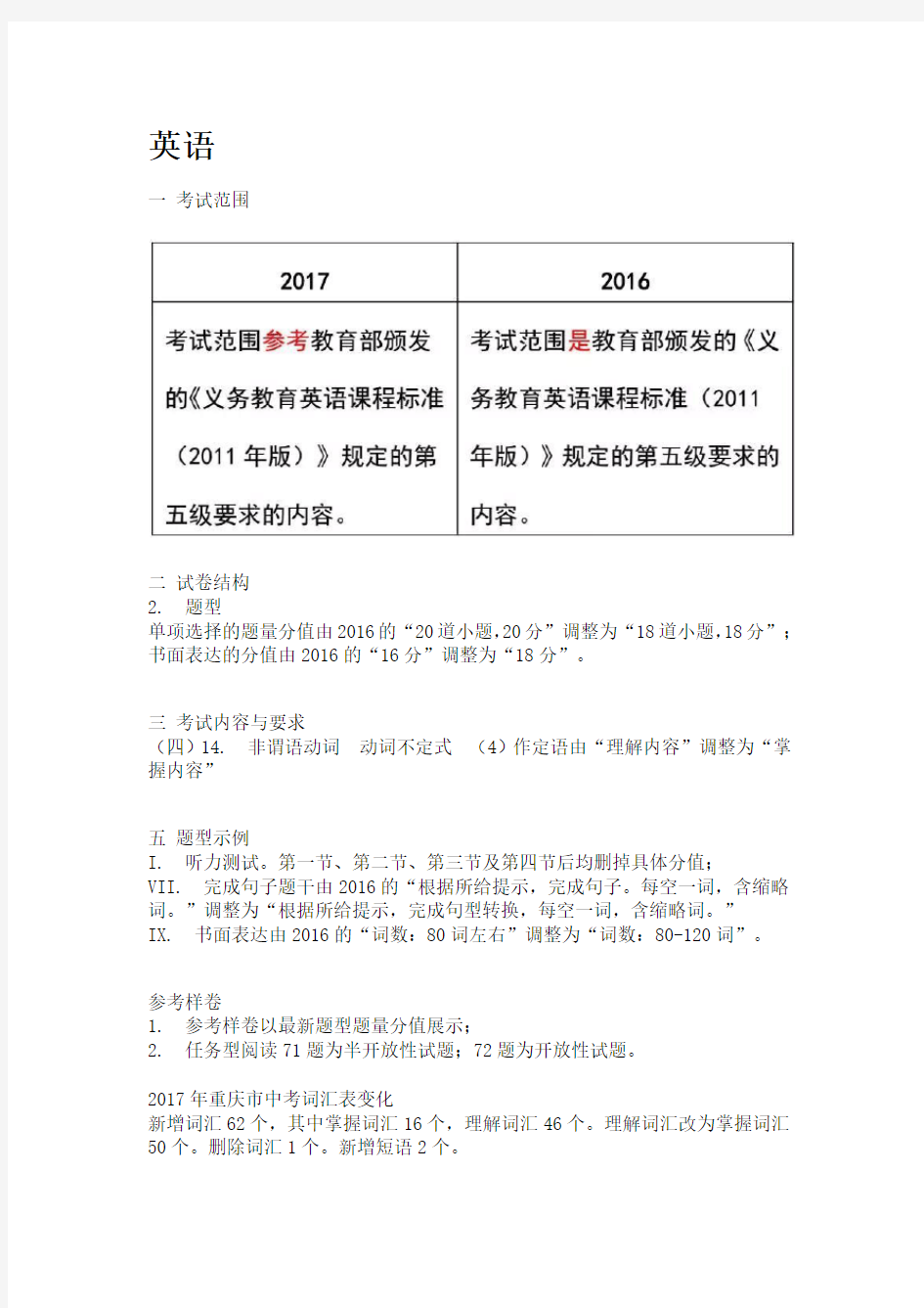 2017重庆中考英语考试说明