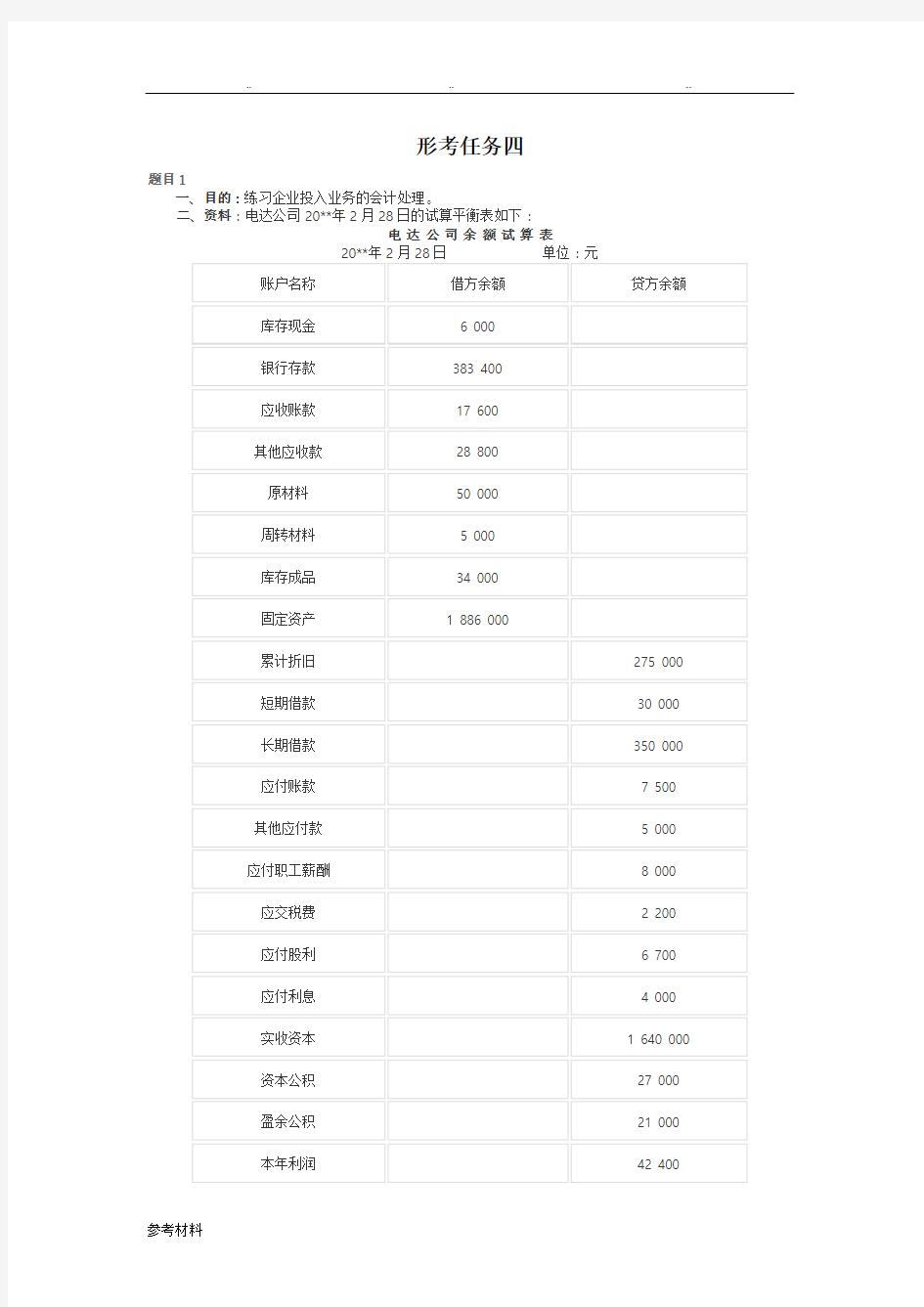 基础会计形考任务四第1题答案