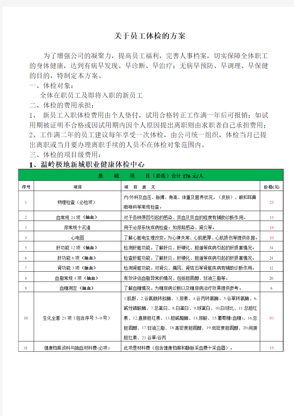 关于员工入职体检的方案