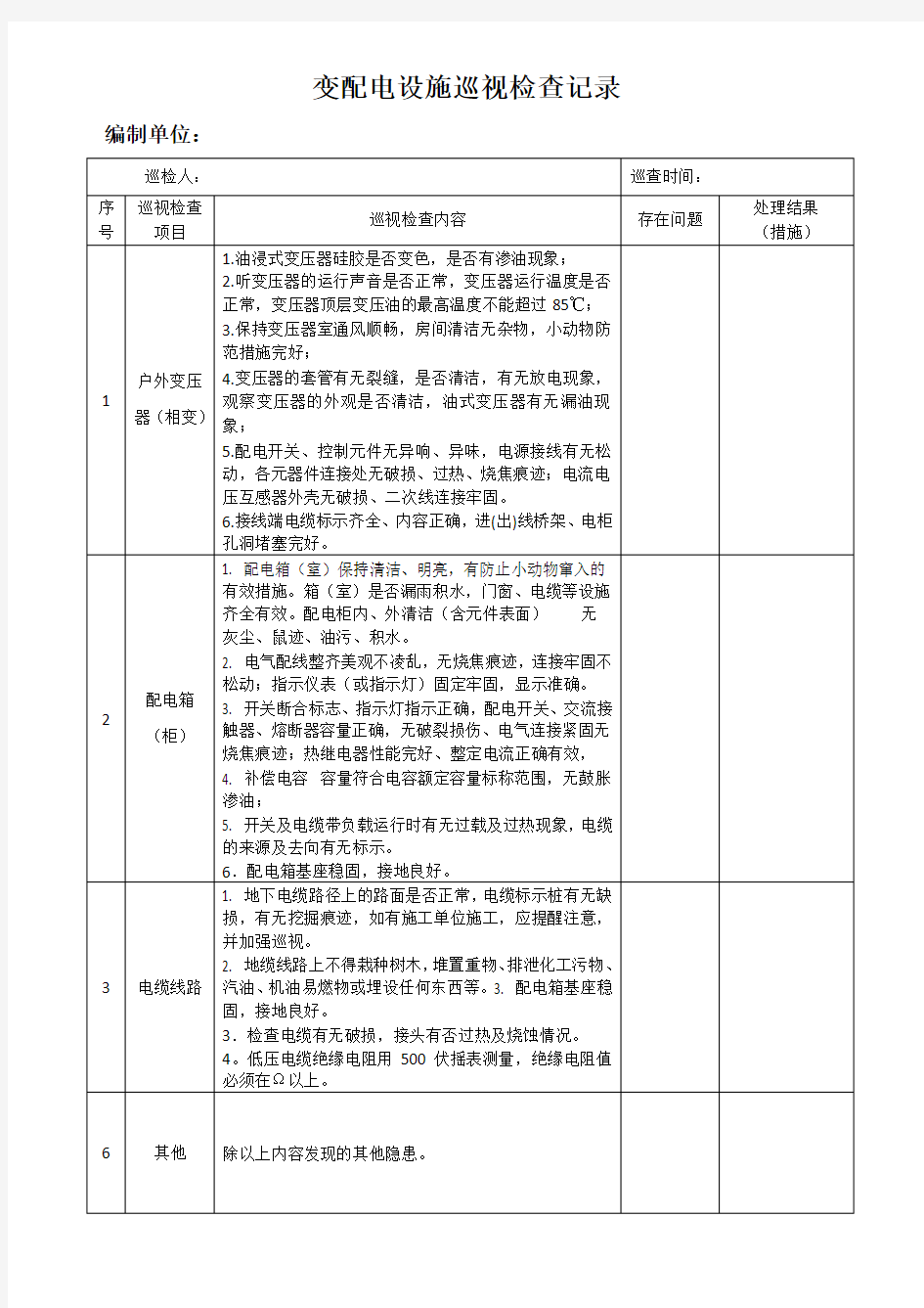 变配电设施巡视检查表