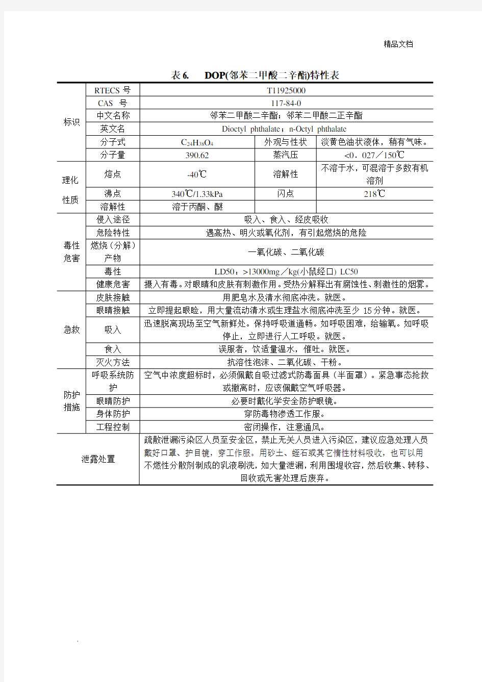 邻苯二甲酸二辛酯理化性质及危险特性表