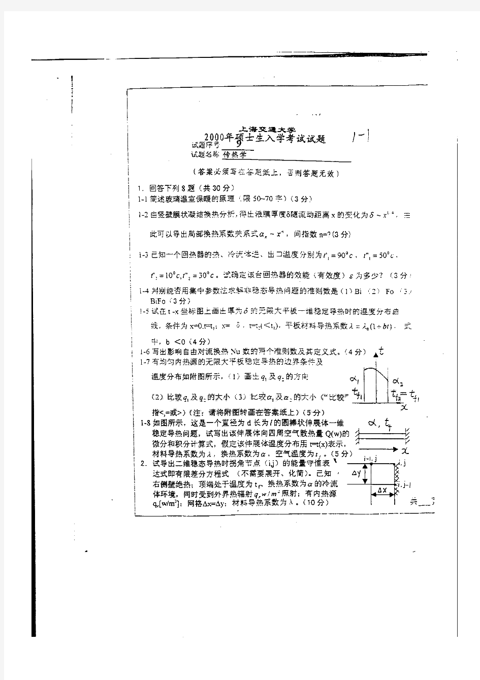 上海交通大学传热学历年考研试题