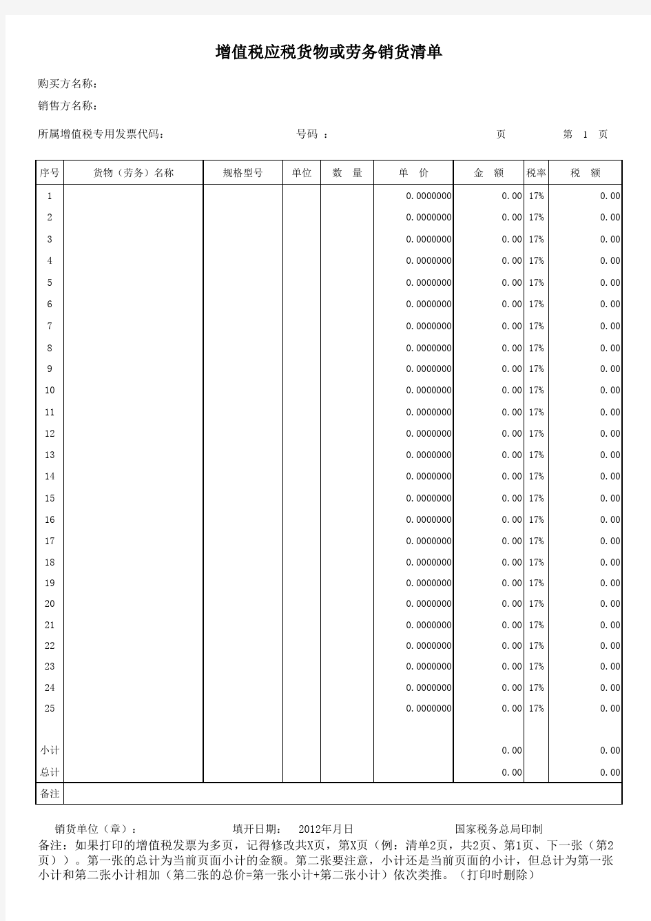 增值税普通发票销售清单模板