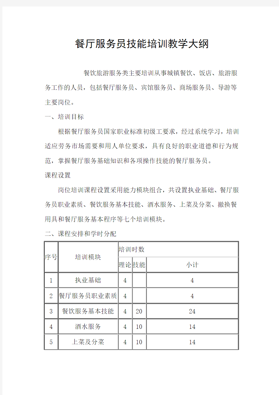 餐厅服务员技能培训教学大纲Word版