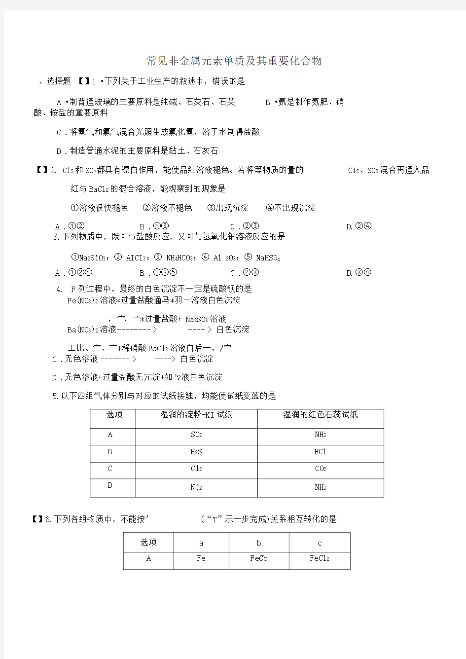 15、常见非金属元素单质及其重要化合物全解