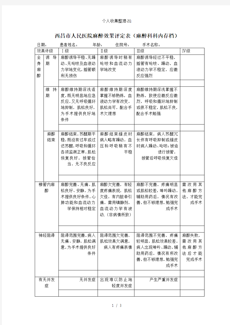 麻醉效果评定表、流程、定期评价